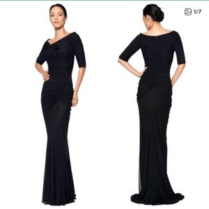 Tadashi Shoji Asymmetric Ruched Draped Black Mesh Sleeve Full Length Gown